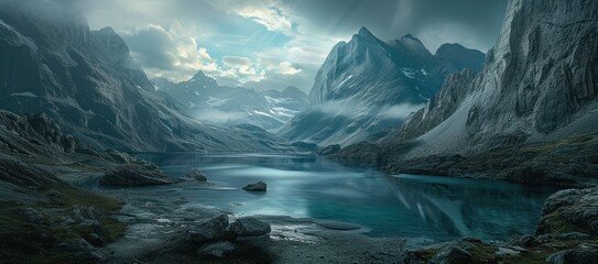 Un lac en haute montagne, sous un ciel gris menaçant. - obrazy, fototapety, plakaty