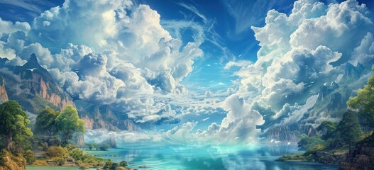 Une illustration d'un lac dans un paysage montagneux, sous un magnifique ciel nuageux. - obrazy, fototapety, plakaty