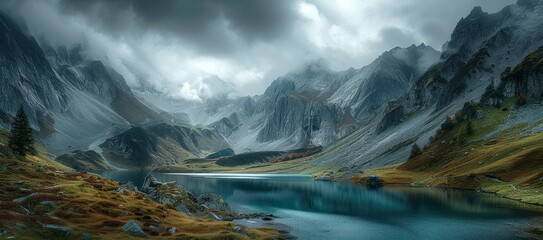 Un lac en haute montagne, sous un ciel gris menaçant.