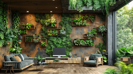 Modern office of ecological and sustainable architecture and design with plants, vertical garden, wooden furniture and computer,generative ai
