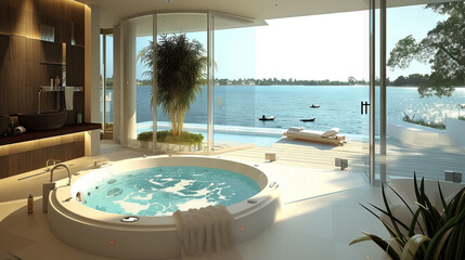 Luxurious Jacuzzi bathtub overlooking the blue sea
