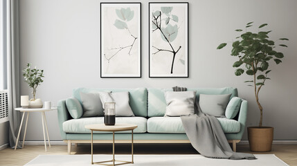 Light and Airy Living Space with Aqua Sofa, Minimalist Decor, and Botanical Artwork