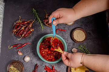 salsa macha y salsa tarasca con sus ingredientes  - obrazy, fototapety, plakaty