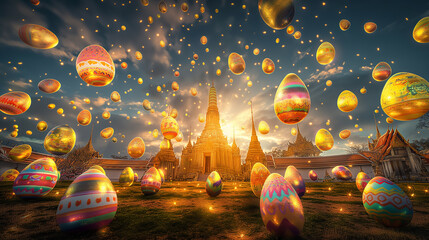 Easter eggs falling from the sky in Thailand with ancient temples and the Chao Phraya River