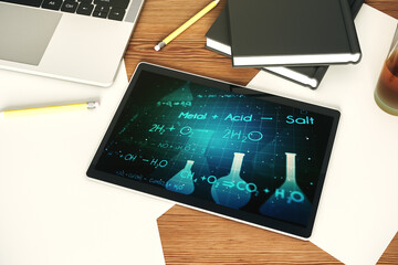 Creative chemistry hologram on modern digital tablet screen, pharmaceutical research concept. Top view. 3D Rendering