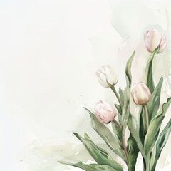 Watercolor Painting of Tulips on the Corners and Margins - White Tulips with Pink Inlays and Pointed Tips - Big Brushstrokes Impressionist Style Tulips Wallpaper created with Generative AI Technology - obrazy, fototapety, plakaty