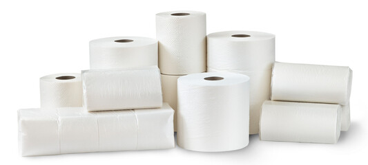 Rolls of toilet paper, paper towels and packs of napkins isolated on white background - obrazy, fototapety, plakaty