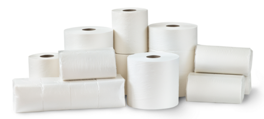 Rolls of toilet paper, paper towels and packs of napkins isolated on white background