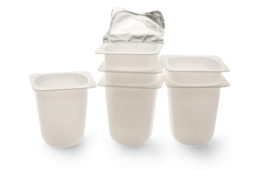 Empty plastic yogurt pots