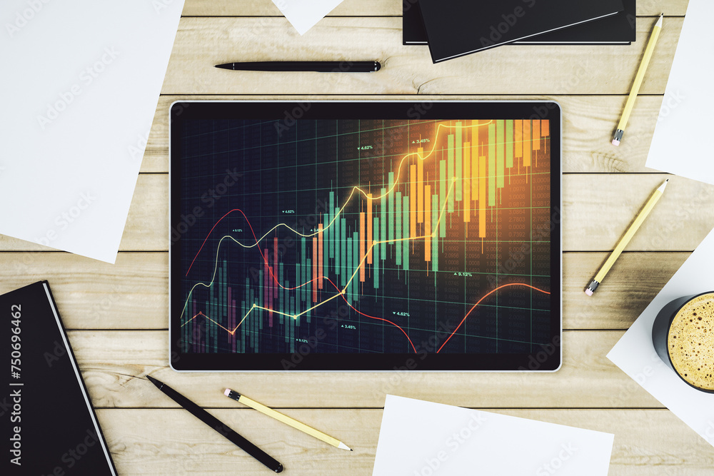 Poster top view of abstract creative financial graph on modern digital tablet screen, forex and investment 