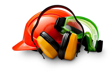 Red safety helmet with earphones and goggles - obrazy, fototapety, plakaty