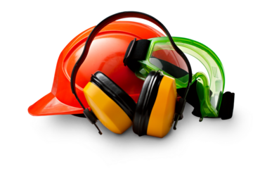 Red safety helmet with earphones and goggles