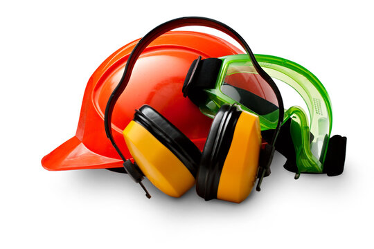 Red safety helmet with earphones and goggles