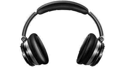 A pair of wireless headphones with a sleek design and a touch control panel on the right earcup. Isolated on transparent background, png file.