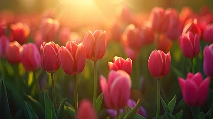 Fototapeten Beautiful field of red tulips in the sun's rays, close-up © Taisiia