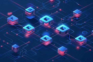Fototapeta premium Isometric network blocks connected on a digital grid