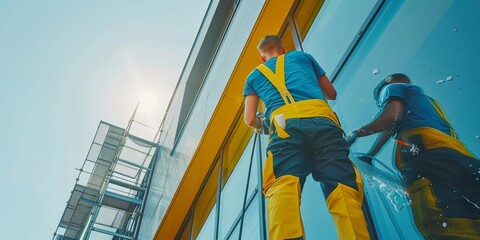 An employee of a professional cleaning service in overalls washes the glass of the windows of the facade of the building