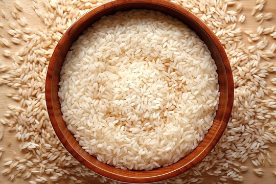 rice in a wooden bowl stock photo, in the style of split toning, pointillist optical mixing