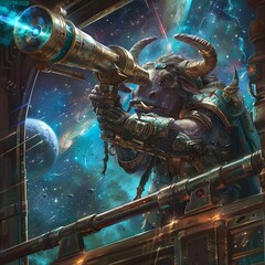 Minotaur using a telescope on a spaceship deck to chart a course through Krakeninfested nebula