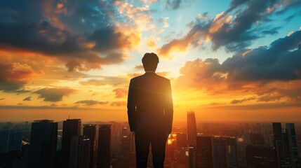 Fototapeta na wymiar A business man standing with cityscape sunset background
