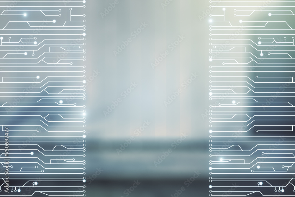 Aufkleber abstract virtual micro chip hologram on blurry contemporary office building background, artificial i