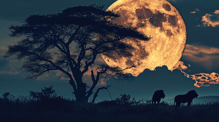 African savannah landscape with silhouettes of wild animals, tree and supermoon
