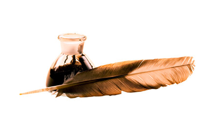 Feather and ink bottle isolated on paper background - 750697879