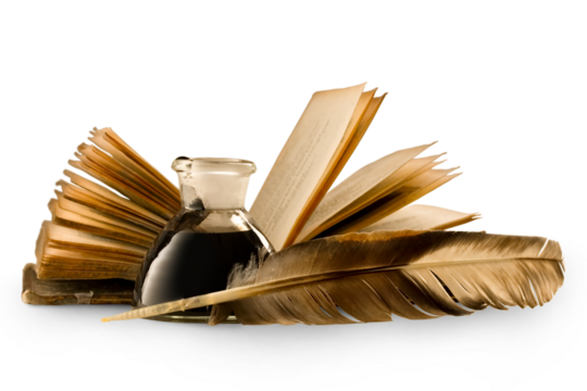 An old book with a feather and the inkpot full of ink