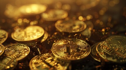 Bitcoin Cryptocurrency represented as Gold Coins. Digital Banking Background