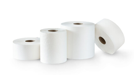 Rolls of toilet paper and paper towels isolated on white background