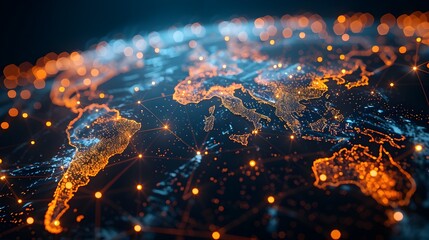 Global Network Topology High-Tech World Map in Digital Art