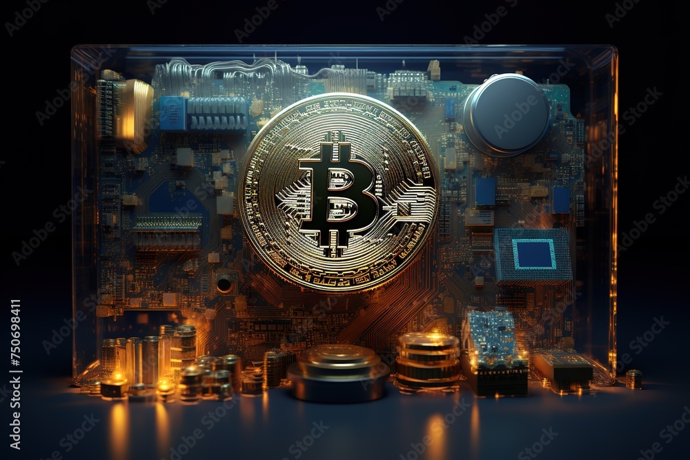 Poster the future of bitcoin with a display screen on a computer