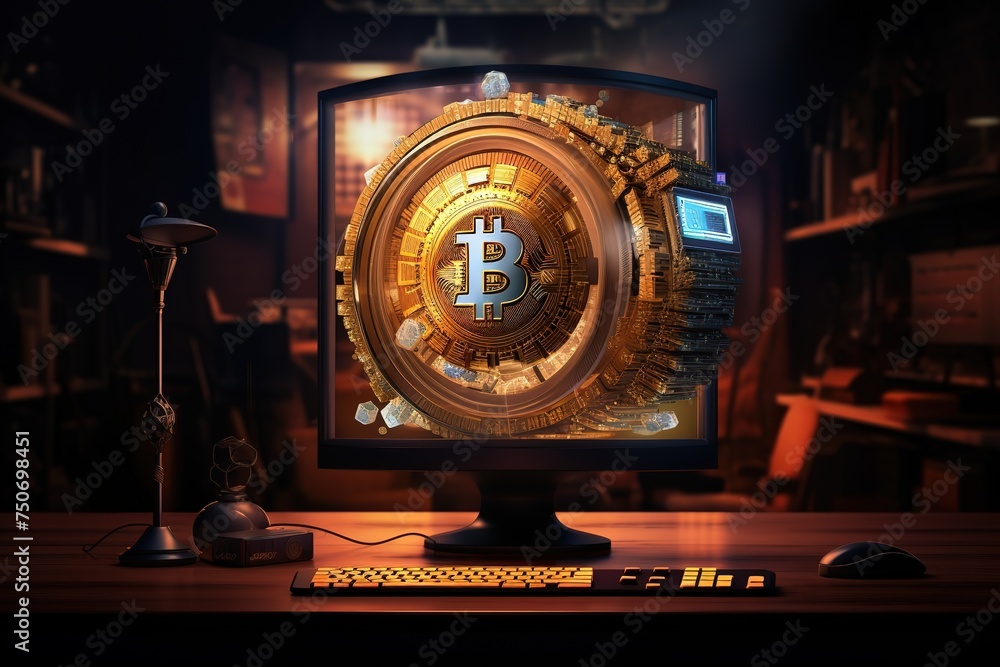 Poster the future of bitcoin with a display screen on a computer