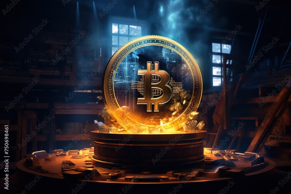 Poster the future of bitcoin with a display screen on a computer