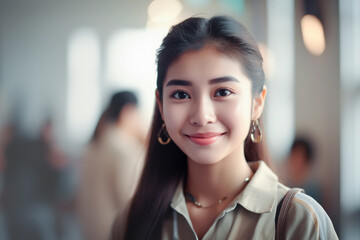 Asian student girl stands in the school corridor and smiles. Copy space for text. generative AI