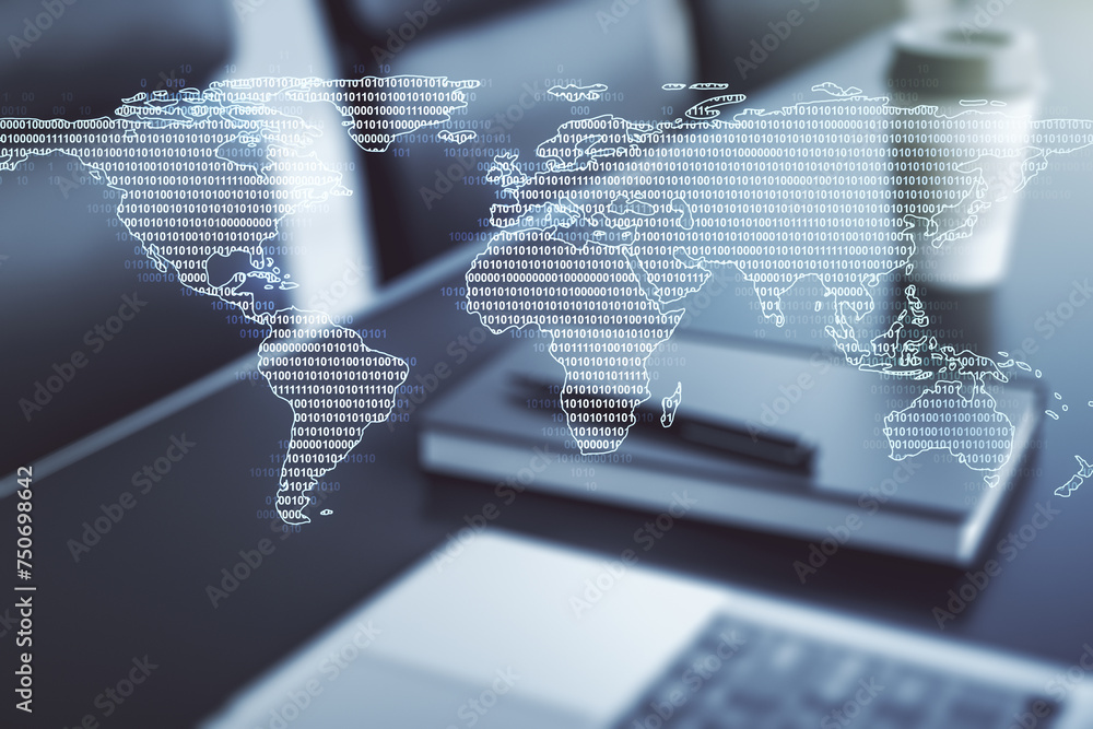 Poster double exposure of abstract digital world map on computer background, big data and blockchain concep