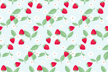 Cute seamless pattern with abstract red cartoon strawberries. Vector hand drawn doodle sketch. Simple shapes stylized berries strawberry, flowers, leaf print. Collage for designs, children textiles