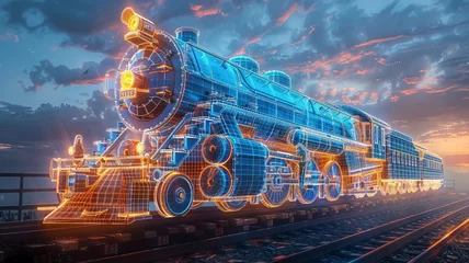 Deurstickers vintage steam train blue wireframe blue prints, old train wireframe standing on the station,generative ai © Chanya2498