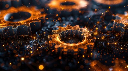 Mechanical technology machine engineering wire frame. Abstract gear wheels in dark background. Cogs and gear wheel mechanisms concept.  