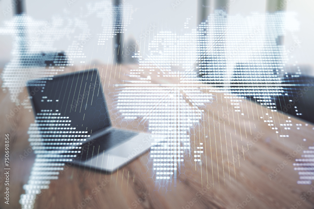 Aufkleber double exposure of abstract digital world map on computer background, big data and blockchain concep