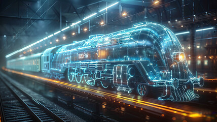 vintage steam train blue wireframe blue prints, old train wireframe standing on the station,generative ai - obrazy, fototapety, plakaty