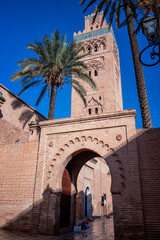 Vertical view of the minaret of Koutoubia Mosque in Marrakesh, Morocco - 750698854