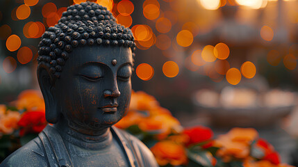 face of buddha statue on bright blurred background