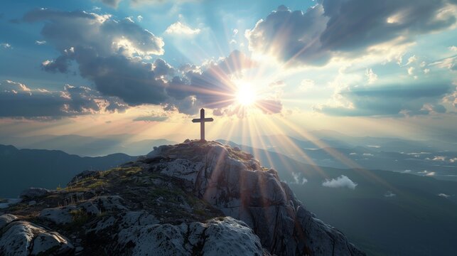 Cross at the top of a Mountain with Sunlight Breaking through the Clouds. Inspirational Christian Image