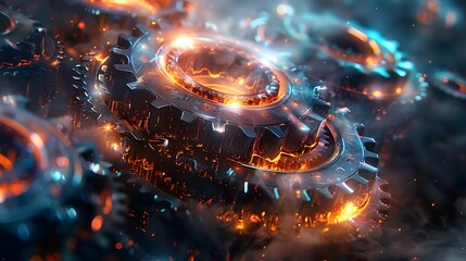 Dynamic Gears in Futuristic Flames and Smoke