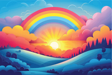 Beautiful landscape of sunny day with rainbow and puffy clouds