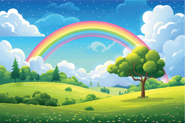 Beautiful landscape of sunny day with rainbow, blue sky and puffy clouds