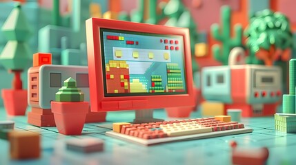 Vibrant Computer Desktop with Playful Elements - obrazy, fototapety, plakaty