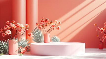 Stylish Pink 3D Room with Floral Arrangement