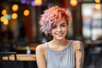 Stylish young woman with pastel pink curls in a cozy cafe